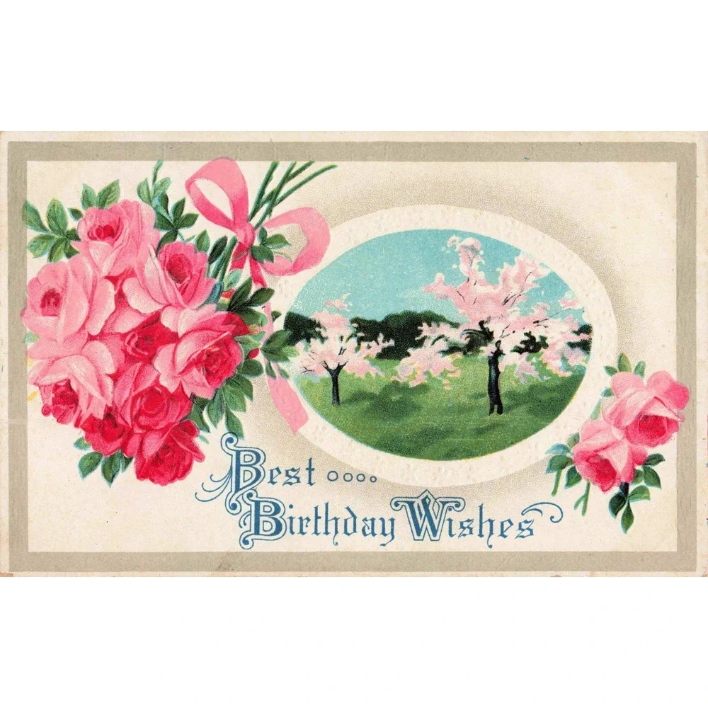 Vintage Best Birthday Wishes Postcard Embossed Pink Roses Orchard Scene VG